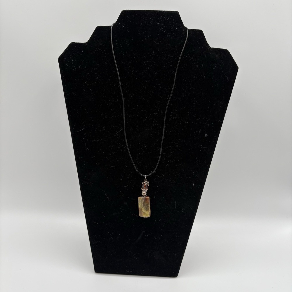 Handmade Boho Necklace Jasper Stone Pendant W Orange Crystal Bead On Black Cord